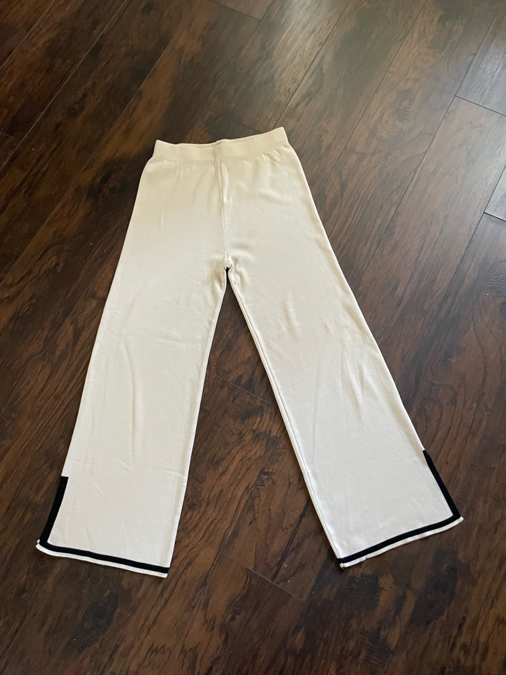 Cream Wide-Leg Knit Pants with Black Trim